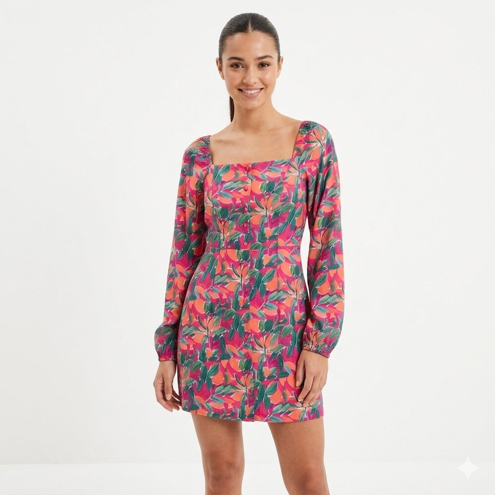 *NA-KD Coral Pink Floral Mini Dress Puff Sleeve Square Neck EU 34 NWT